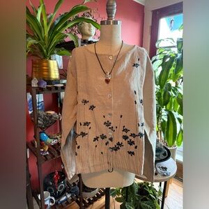 Vintage John Paul Richard Linen Neutral Floral Printed Button-Up Top 90s Classic